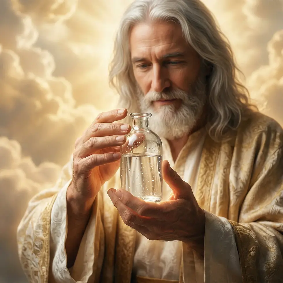 Elderly man with long white hair and beard holds a glass bottle with water, wearing a golden robe. Radiant clouds in the background create a serene mood.