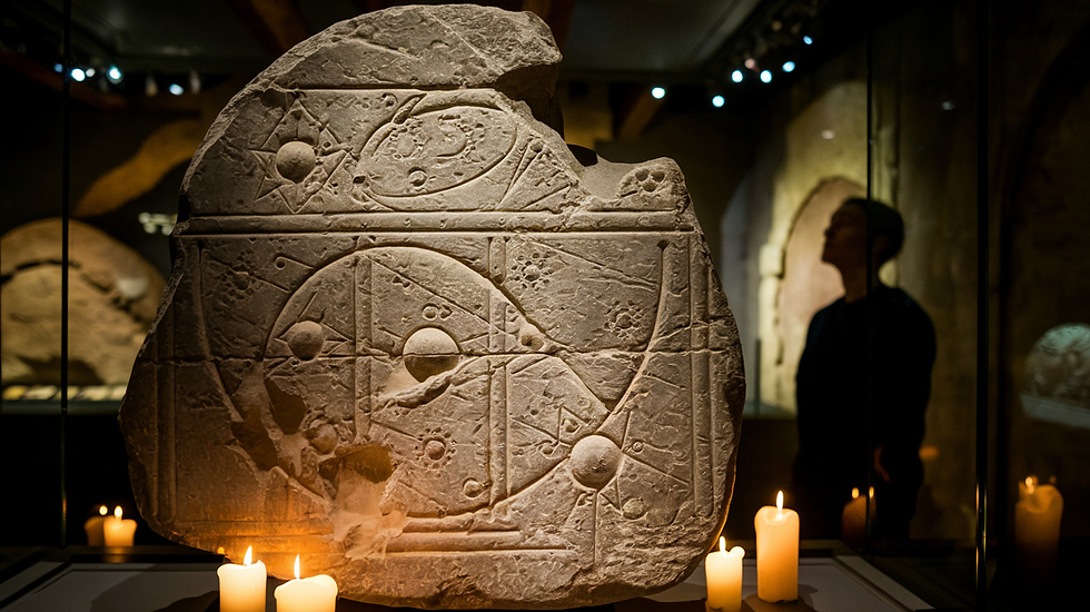 Stone tablet with intricate carvings lit by candles in dim museum. Silhouette of a person in the background adds a mysterious mood.