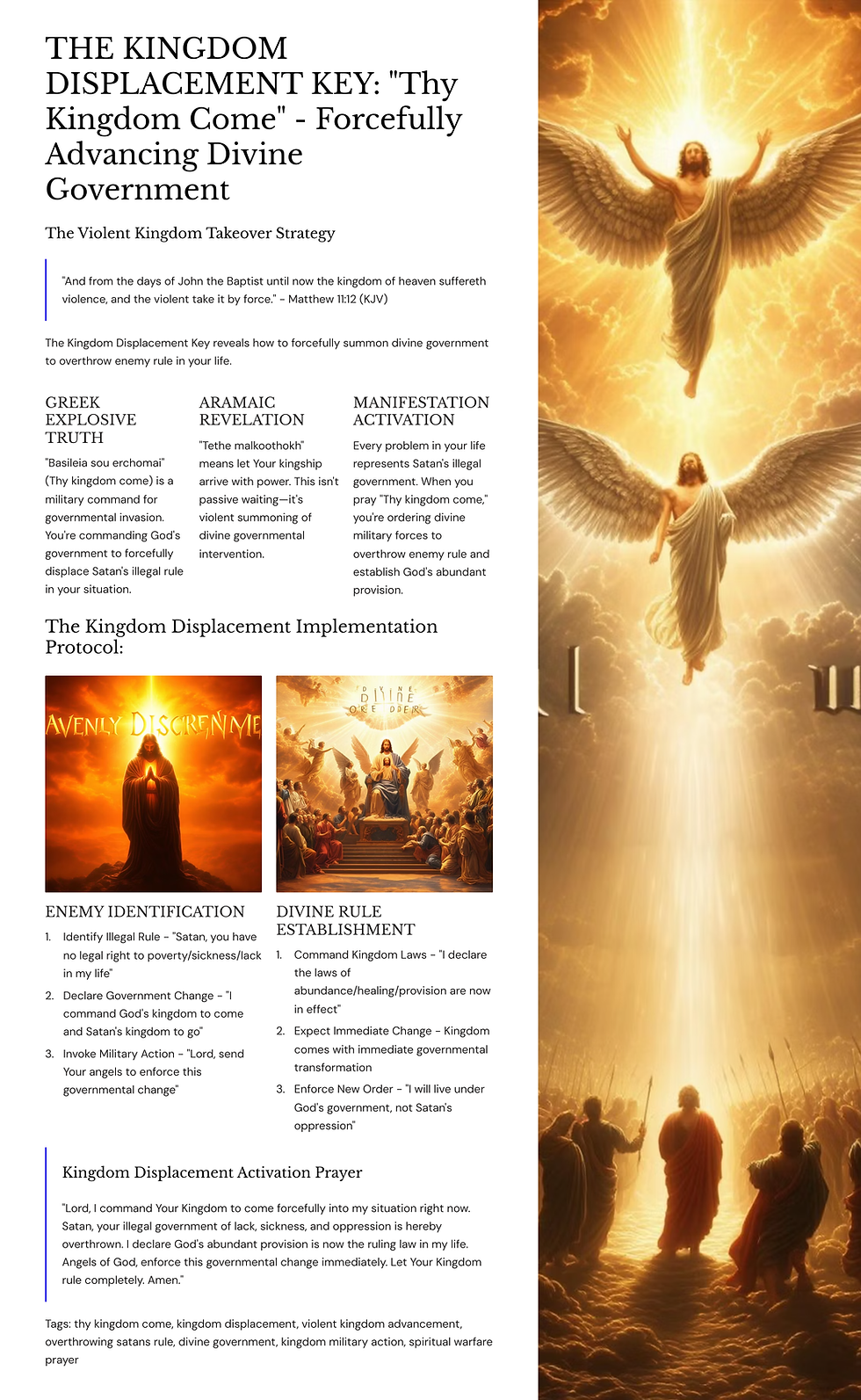 Religious text with images of angels, divine light, and prayer strategies for enforcing divine government. Key themes: kingdom, force.