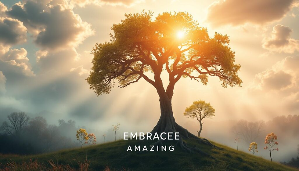 Majestic tree on hill, sun rays through branches, cloudy sky. Text reads "EMBRACEE AMAZING," serene and inspiring mood.