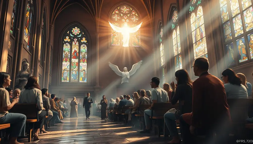 People sit in a church with stained glass windows. Light streams onto a glowing angel above the altar, creating a serene atmosphere.