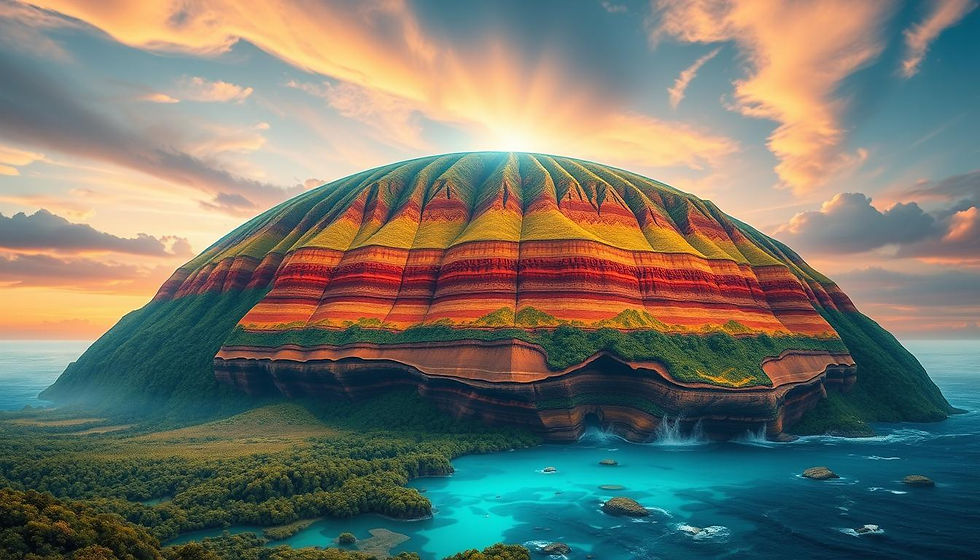 Colorful striped mountain under a vibrant sky, surrounded by turquoise water and lush greenery. Sun rays emerging behind, creating a serene mood.
