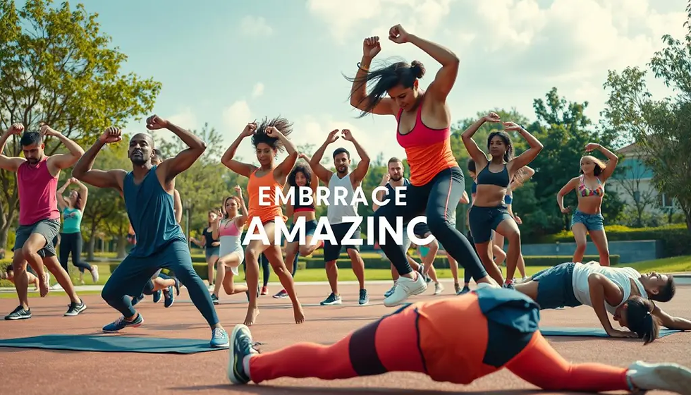 Group workout outdoors; diverse people exercise energetically on a sunny day. Text reads "Embrace Amazing." Lively mood.