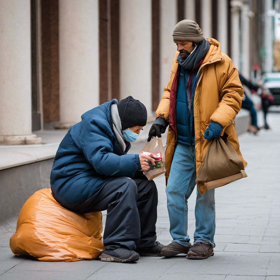 Two people in winter coats exchange items on a city street. One sits on an orange bag, the other hands over food in a bag. Urban background.
