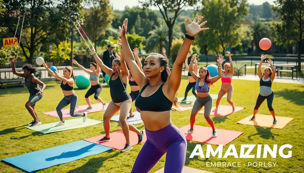 A group doing outdoor yoga on grass mats, led by a woman in purple leggings. Sunny day, with trees and text: "AMAZING EMBRACE - PORLSY."