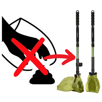 On the left is a silhouette image of a hand with a poop bag around it about to pick up poo. There is a red "X" over the hand and a red arrow pointing to the right. On the right of the image is a poo collector device that has two telescoping handles and bags that attach to the base. There are two pieces, one for the bag and one to help get the poo into the bag.