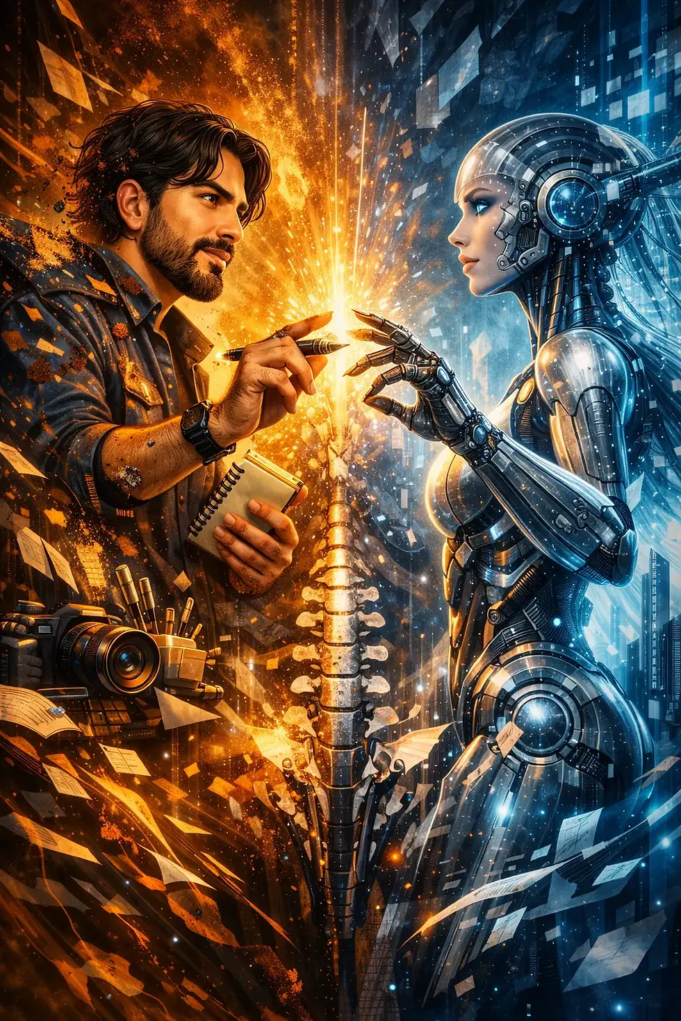 Cinematic illustration of a human artist and futuristic AI humanoid touching fingertips as creativity transforms into digital energy, representing the fusion of traditional art and artificial intelligence and the rise of the Prompt Artist.