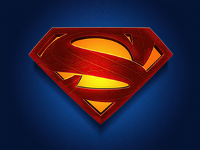 Logotipo clássico do Superman em alta definição, com a letra “S” estilizada em vermelho sobre fundo amarelo, contornada por um escudo vermelho e exibida sobre um fundo azul texturizado.