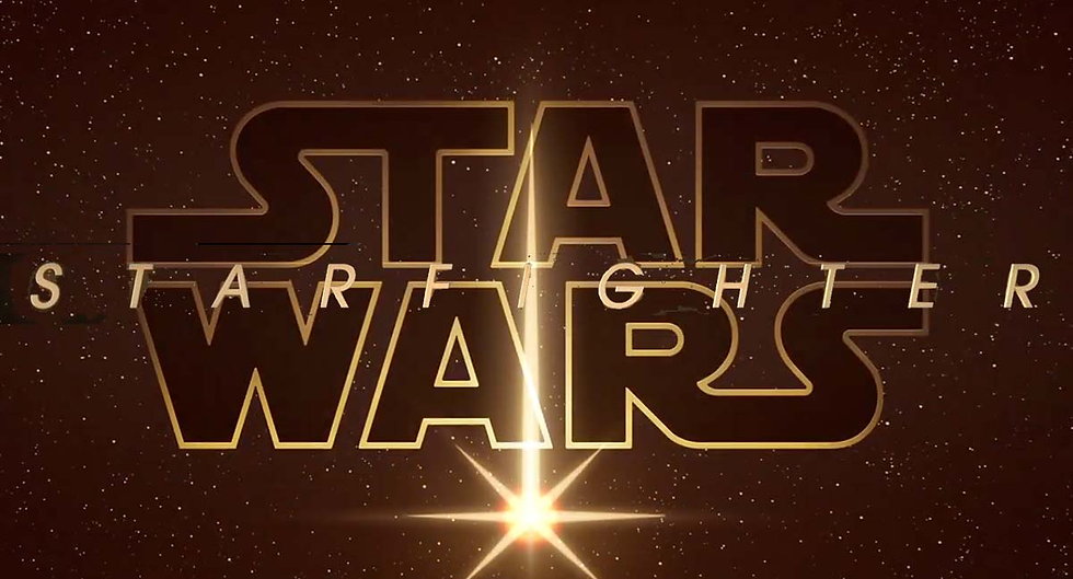 Logo oficial de Star Wars: Starfighter (2027) com tipografia dourada sobre fundo estrelado