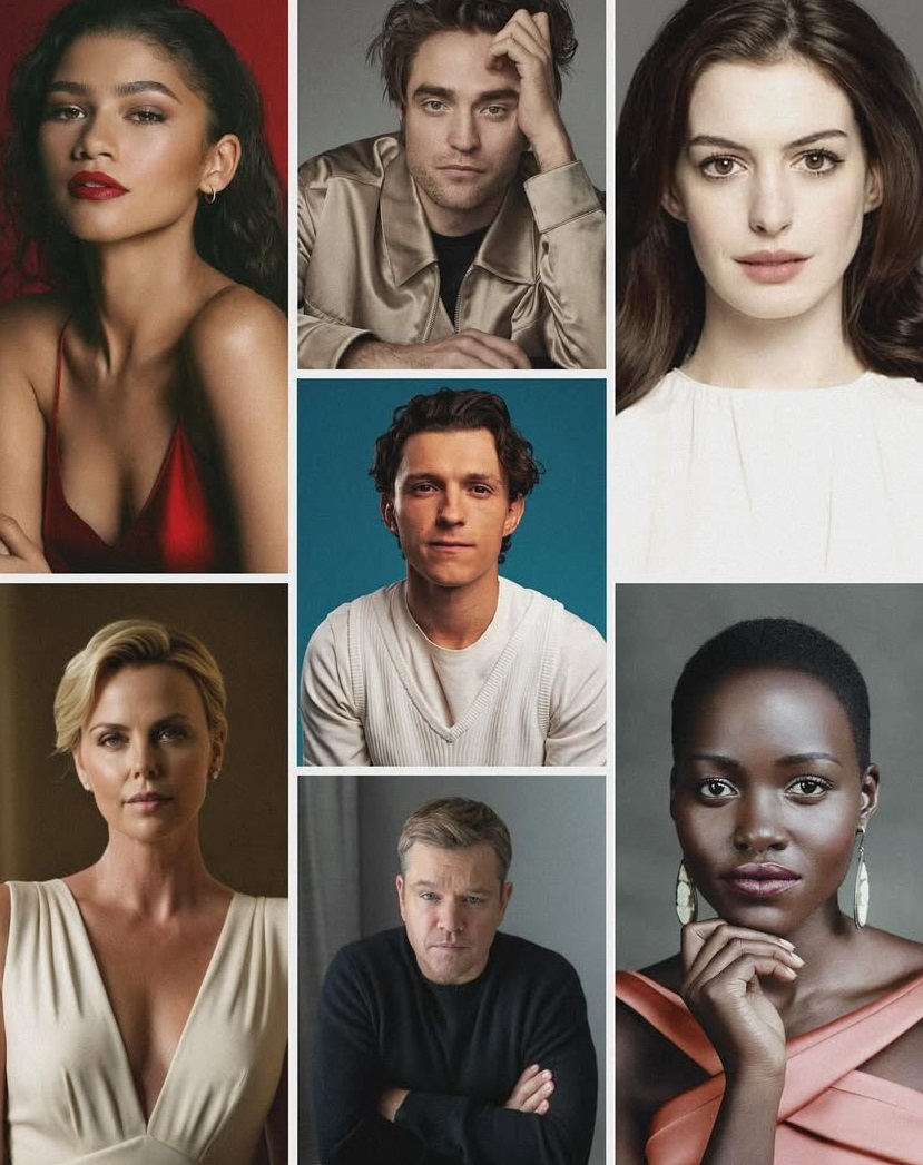 Montagem com o elenco principal de A Odisseia (2026), dirigido por Christopher Nolan, incluindo Zendaya, Robert Pattinson, Anne Hathaway, Tom Holland, Charlize Theron, Matt Damon e Lupita Nyong’o.