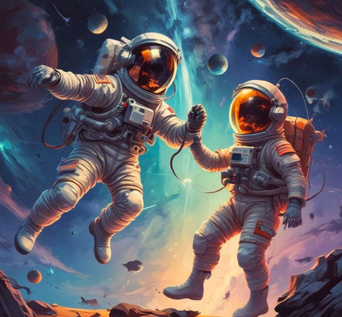 Two astronauts in space suits floating in zero gravity on a galaxy-themed children’s rug
rug