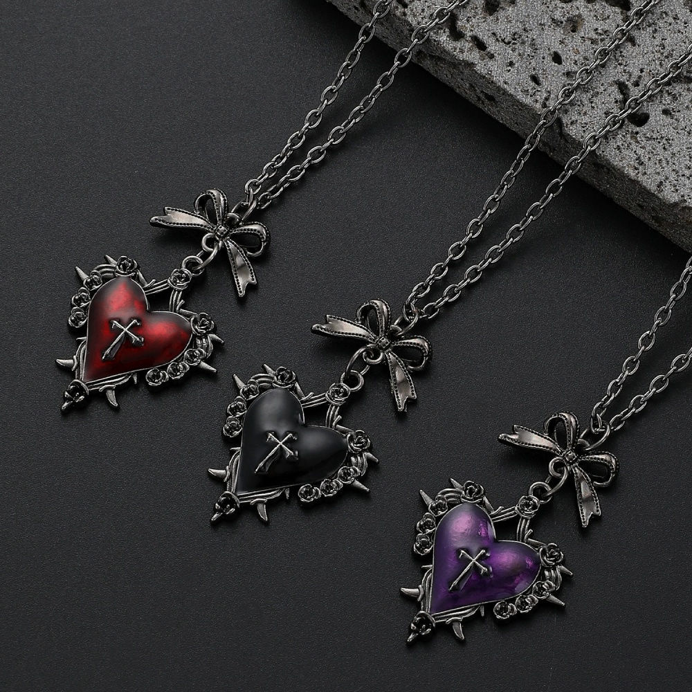 Geometric Thorn Cross Heart Pendant Necklace for Women Unique Retro Sweet BowKno