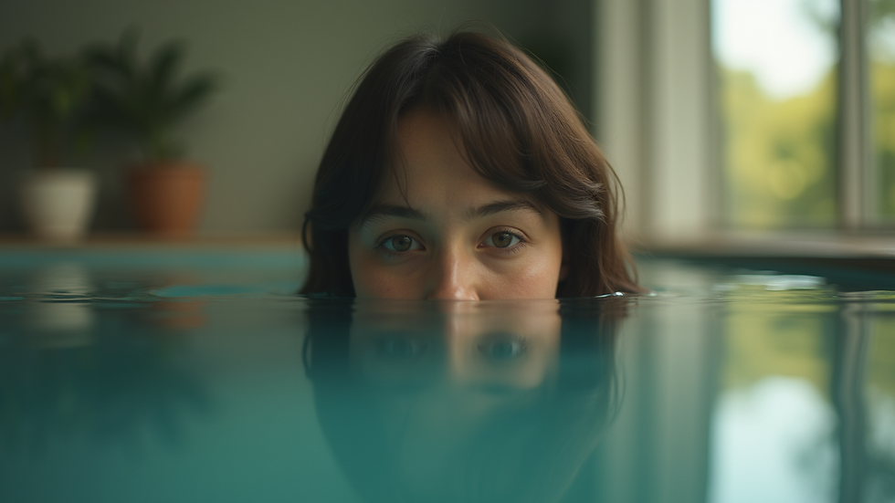 Close-up view of a person reflecting in a serene environment