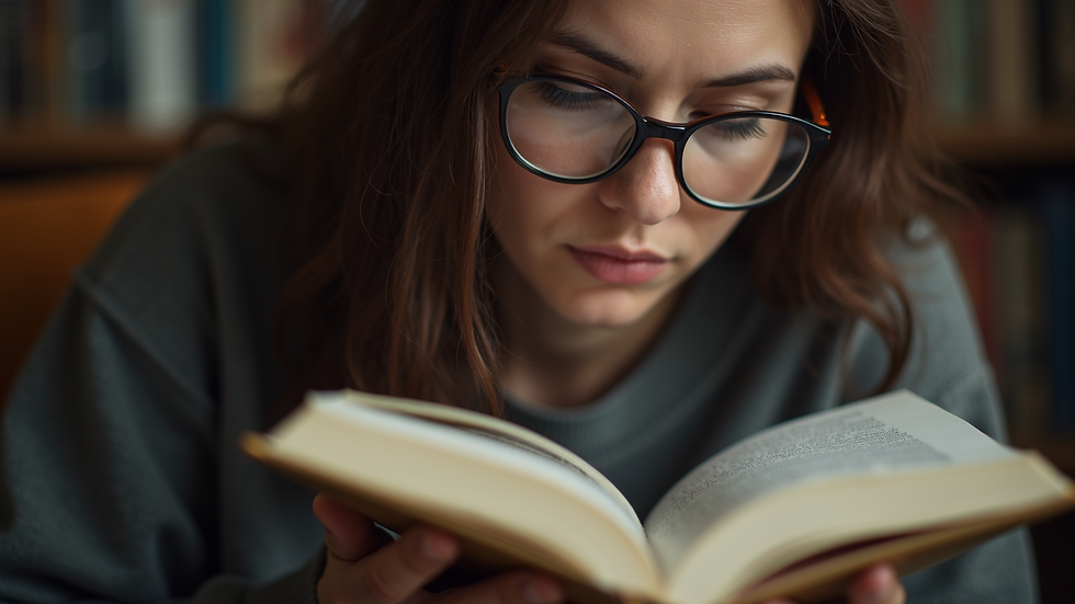 Close-up view of a person reading a book with a thoughtful expression
