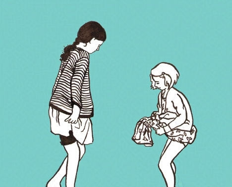 Pen & ink drawing of two girls paddling on a teal background.