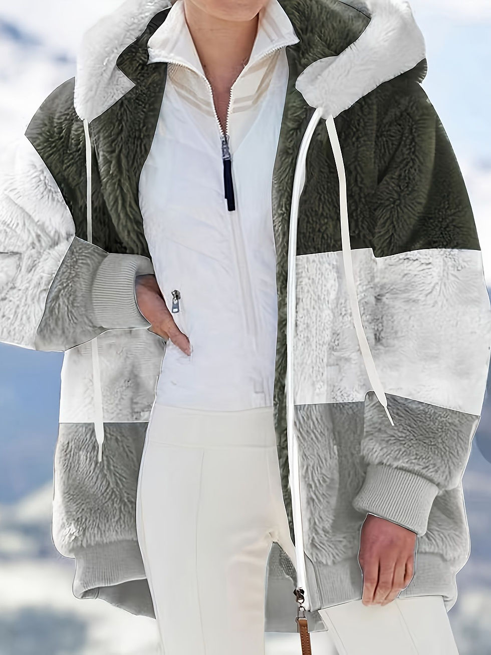 Thumbnail: Color Block Hooded Teddy Coat, Casual Zip Up Long Sleeve Winter Warm 