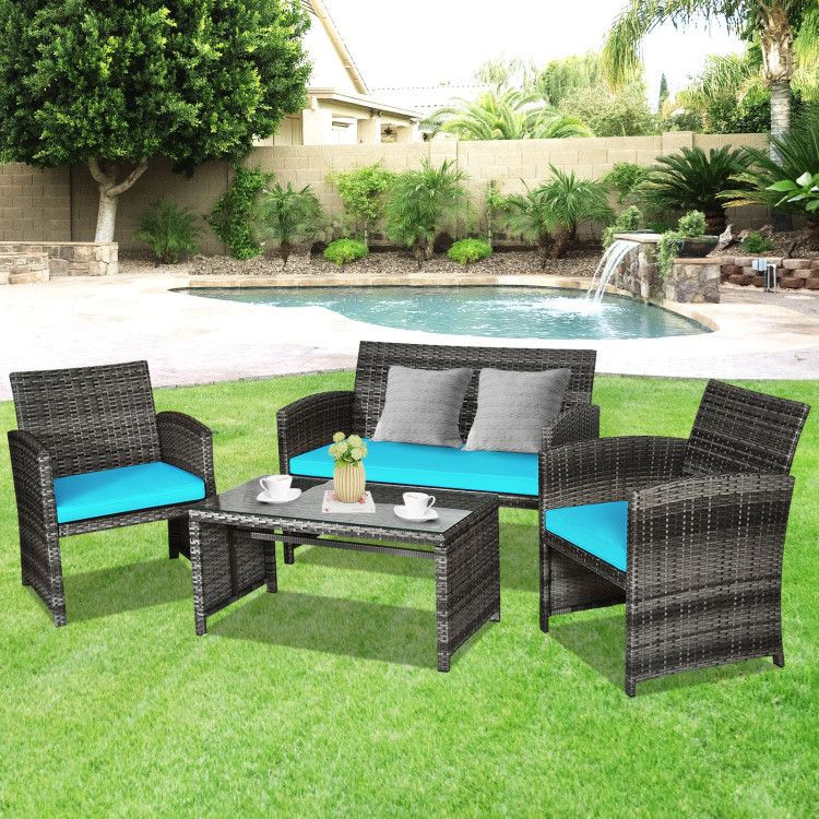 Thumbnail: 4 Pieces Patio Rattan Furniture Set with Glass Table and Loveseat