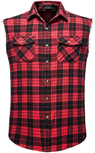 Thumbnail: Men's Flannel Plaid Shirt Vest Cotton Casual Sleeveless 
