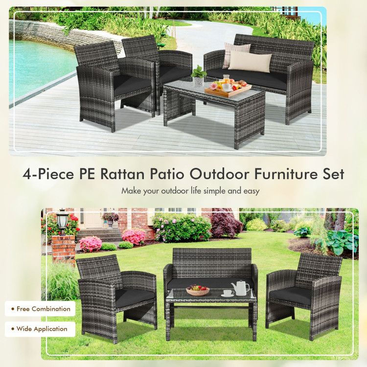 Thumbnail: 4 Pieces Patio Rattan Furniture Set with Glass Table and Loveseat