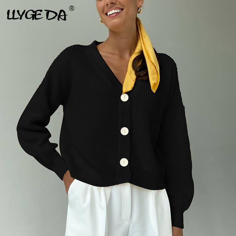 Thumbnail: Knitted Cardigan For Women Long Sleeve Solid V-neck Single Breasted 