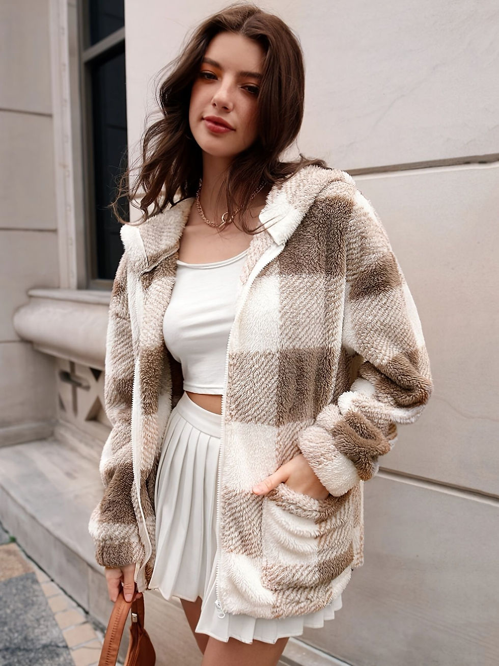 Thumbnail: Plaid Hooded Teddy Coat, Elegant Zip Up Long Sleeve Winter Warm
