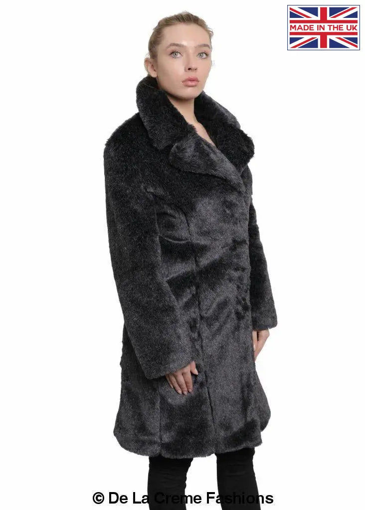 Thumbnail: De La Creme - Womens Faux Fur Large Lapel Mid Length Coat