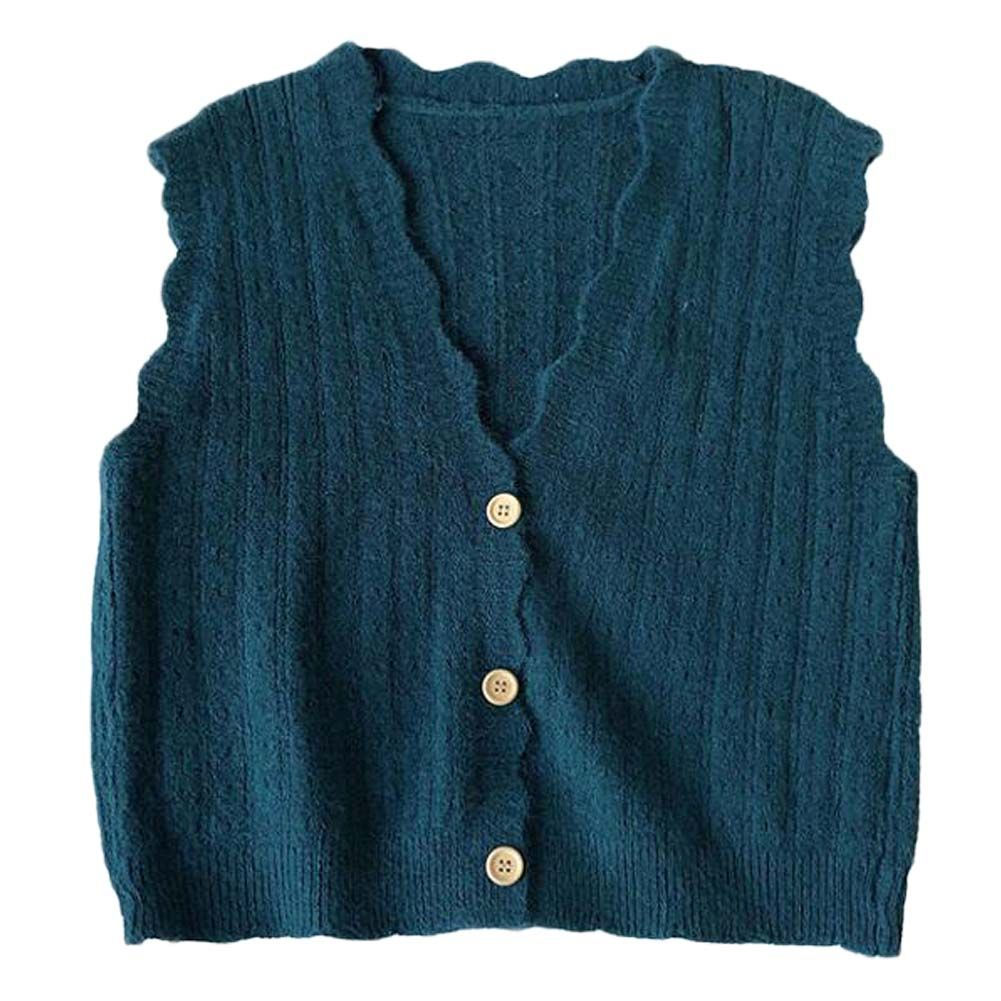 Women's Small Size Autumn Wavy Trim V-Neck Knit Vest Short Sleeveless Vest Coat