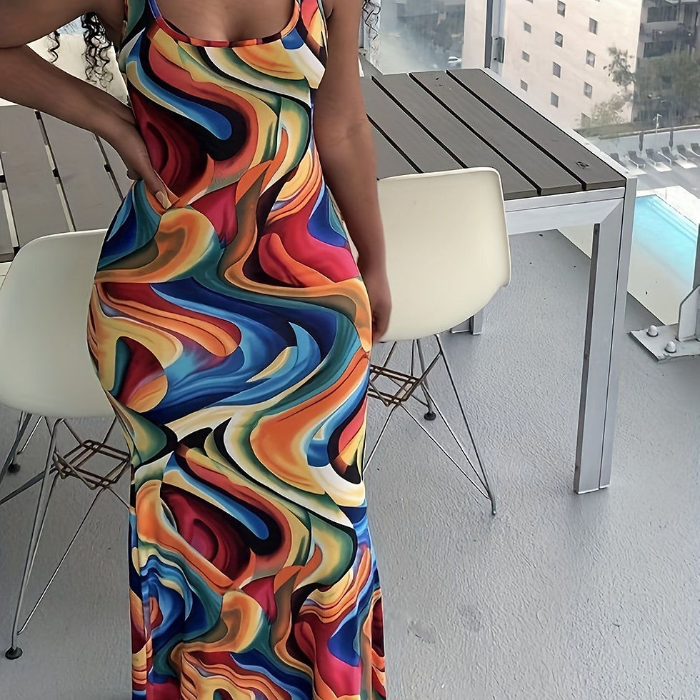 Thumbnail: Abstract Ripple Print Dress, Sexy U Neck Sleeveless 