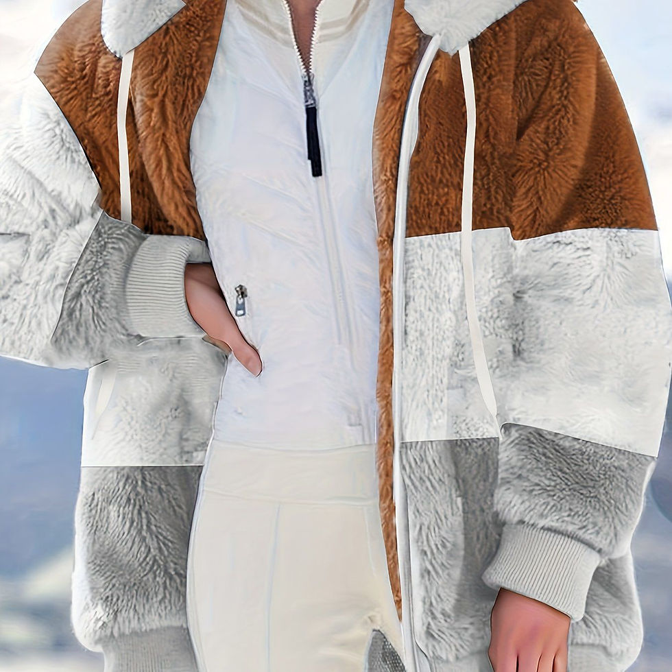 Thumbnail: Color Block Hooded Teddy Coat, Casual Zip Up Long Sleeve Winter Warm 