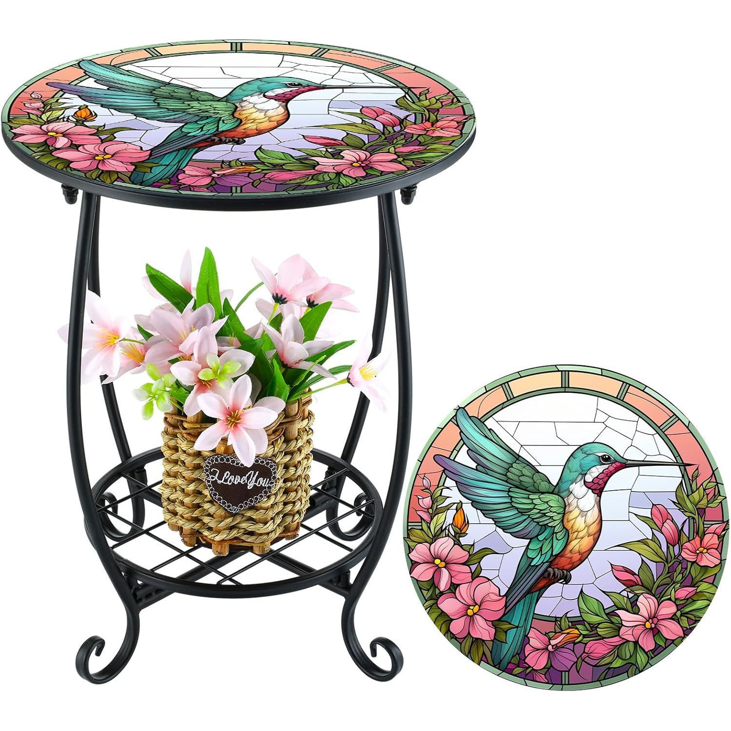 Hummingbird Pattern Small Side Table, Art Inspired Decorative Coffee End Table