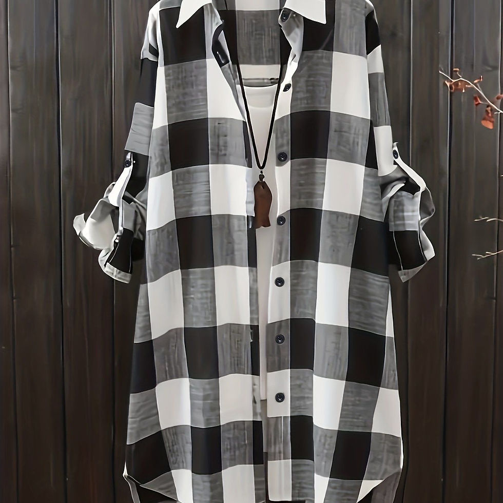 Thumbnail: Plus Size Casual Blouse, Women's Plus Gingham Print Button Up 