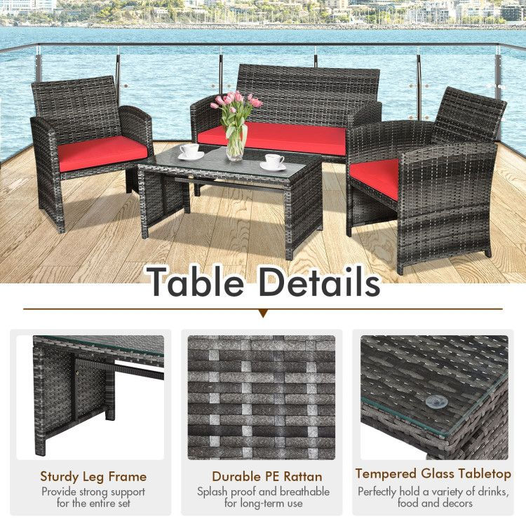 Thumbnail: 4 Pieces Patio Rattan Furniture Set with Glass Table and Loveseat