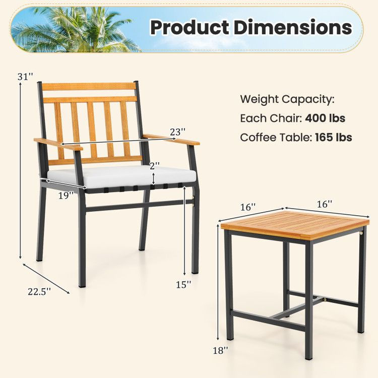 Thumbnail: 3 Pieces Outdoor Furniture Set Acacia Wood Patio Conversation Set with Cushions