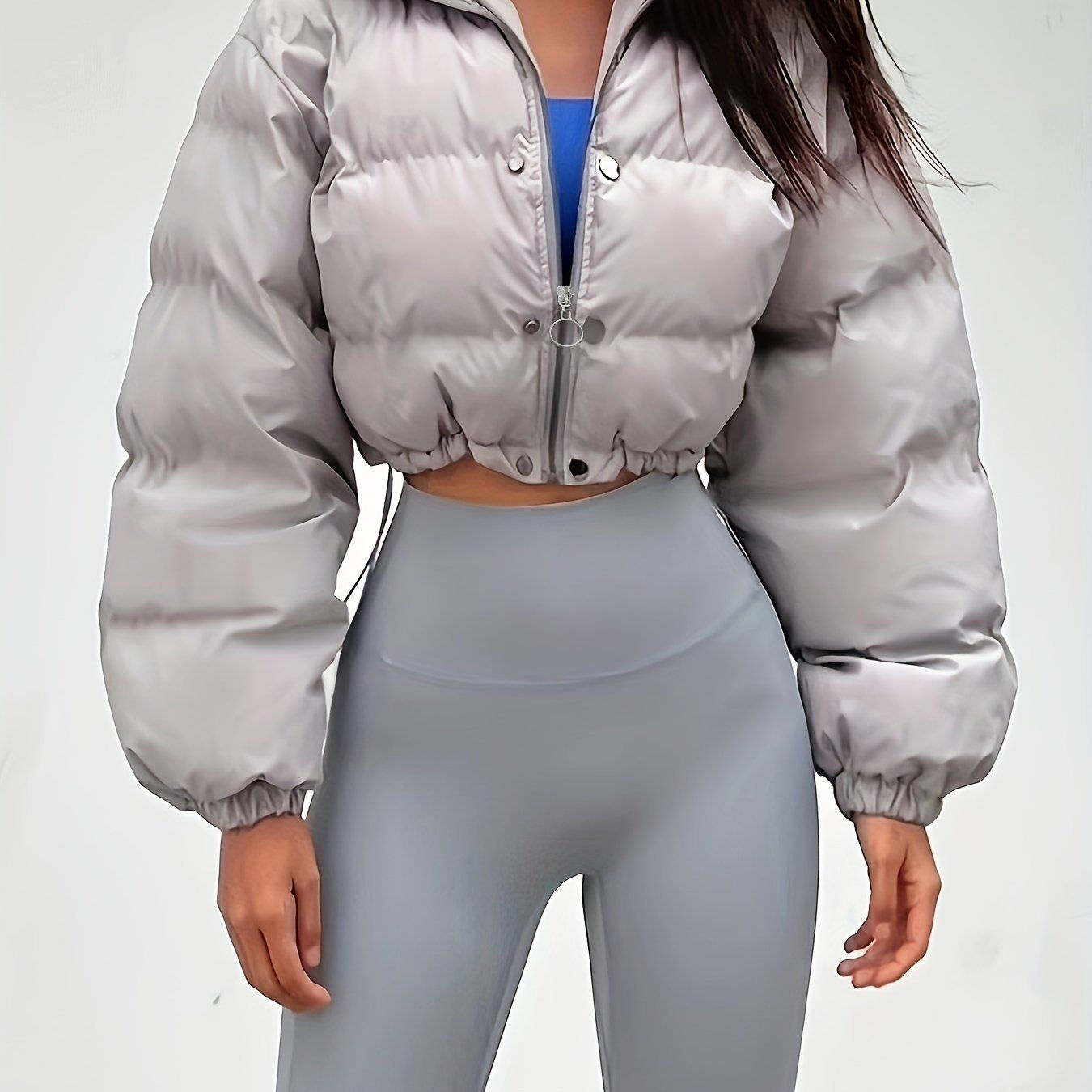 Solid Full Zipper Crop Coat, Warm Stand Collar Lightweight Coat, Outerwear