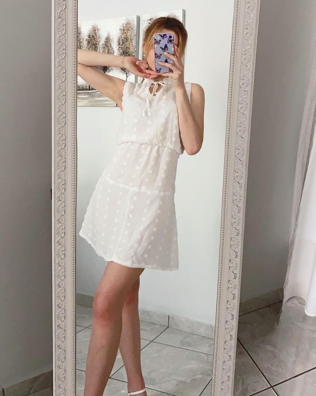 White Split Neck Pom Pom Textured Flowy Mini Dress