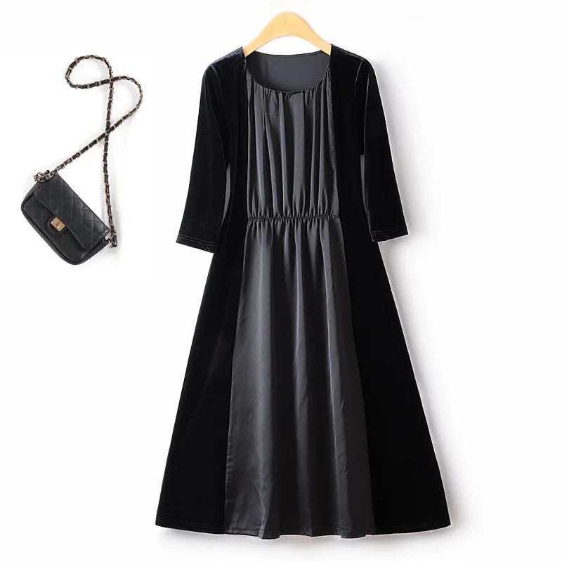 Thumbnail: Autumn Thin Elastic Waist Fake Two Piece O Neck Drape Velvet Hepburn