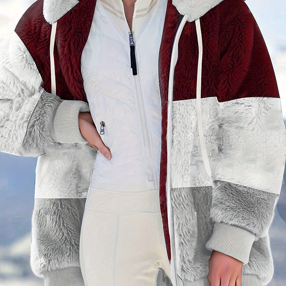 Thumbnail: Color Block Hooded Teddy Coat, Casual Zip Up Long Sleeve Winter Warm 