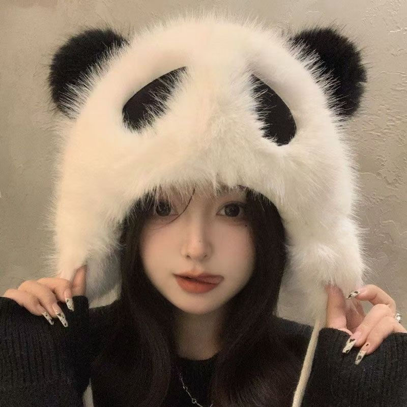 Faux Fox Fur Panda Hat Cute Warm Plush Furry Faux Fur Hood Hat