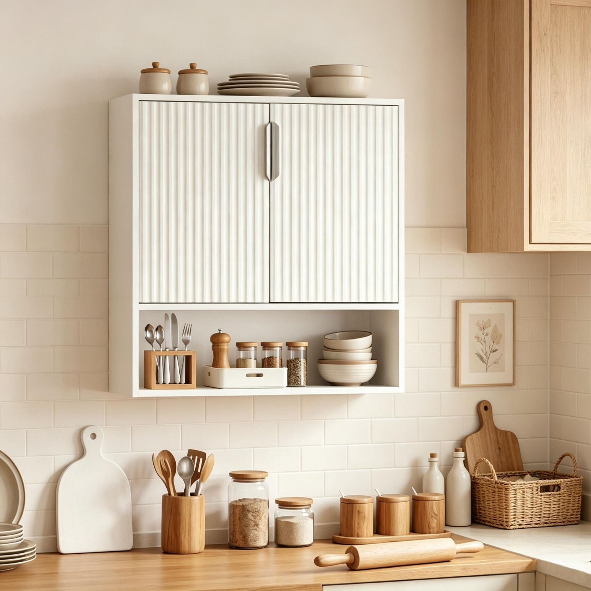 Bathroom Wall Cabinet with 2 Fluted Doors Open Cube And