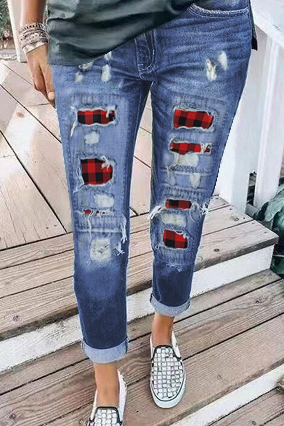 Thumbnail: Fashion Blue Ripped Plaid Straight Legs Boyfriend Jeans