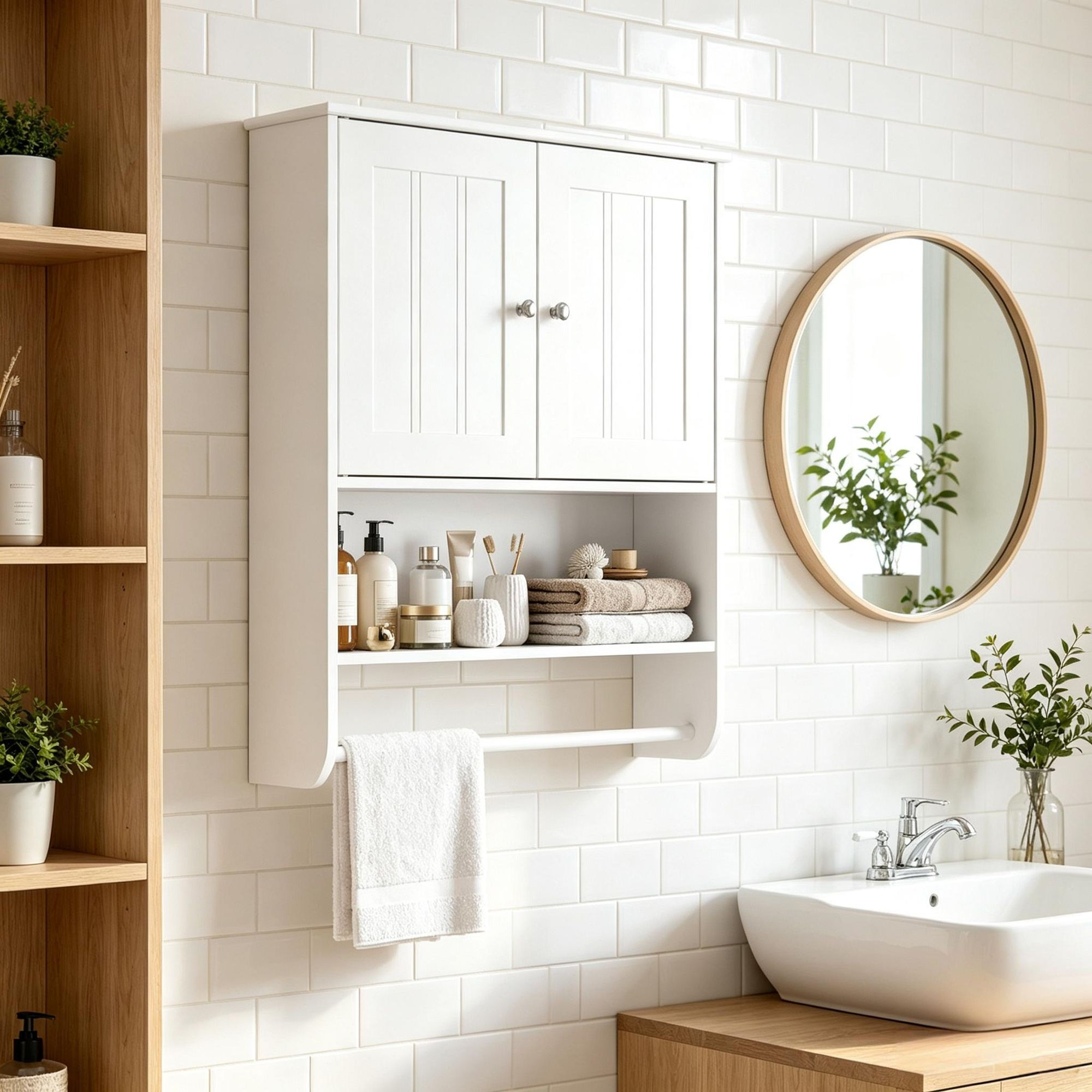 Bathroom Wall Cabinet with Towel Bar Open Shelf Adjustable
