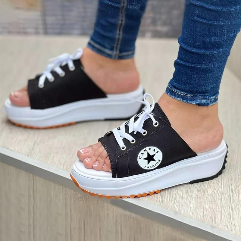 Thumbnail: Casual Canvas Thick-soled Lace-up Womens Sandals Slippers