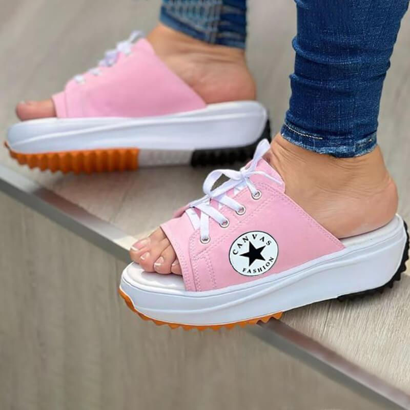 Thumbnail: Casual Canvas Thick-soled Lace-up Womens Sandals Slippers