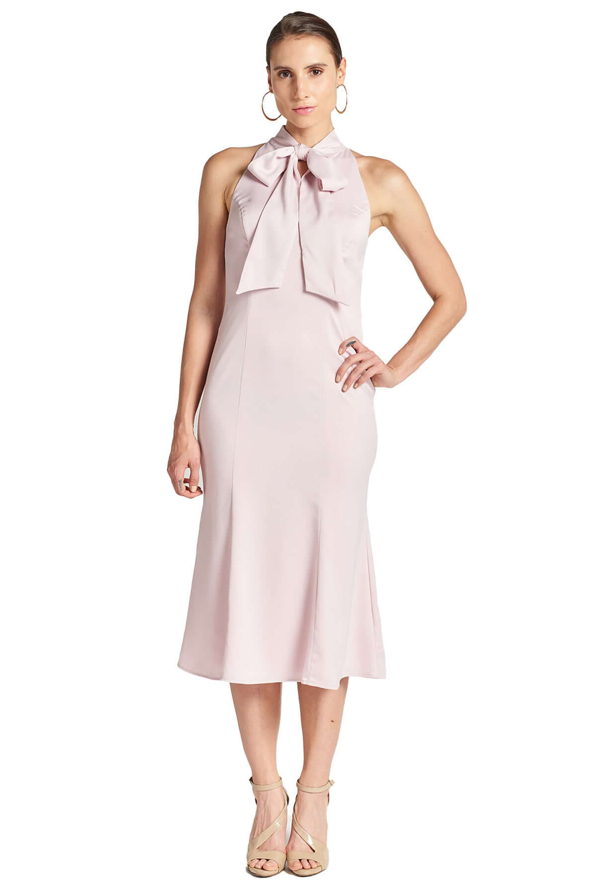 Eloise Dress - Stretch satin midi mermaid dress with neck tie