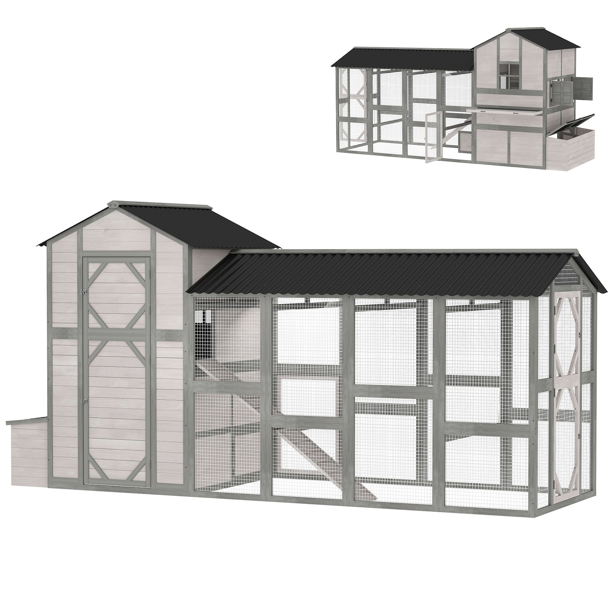 147" Extra Wooden Large Chicken Coop, Predator-Proof Mesh, Gray
