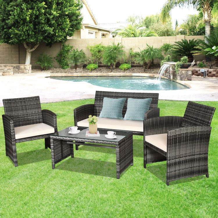 Thumbnail: 4 Pieces Patio Rattan Furniture Set with Glass Table and Loveseat