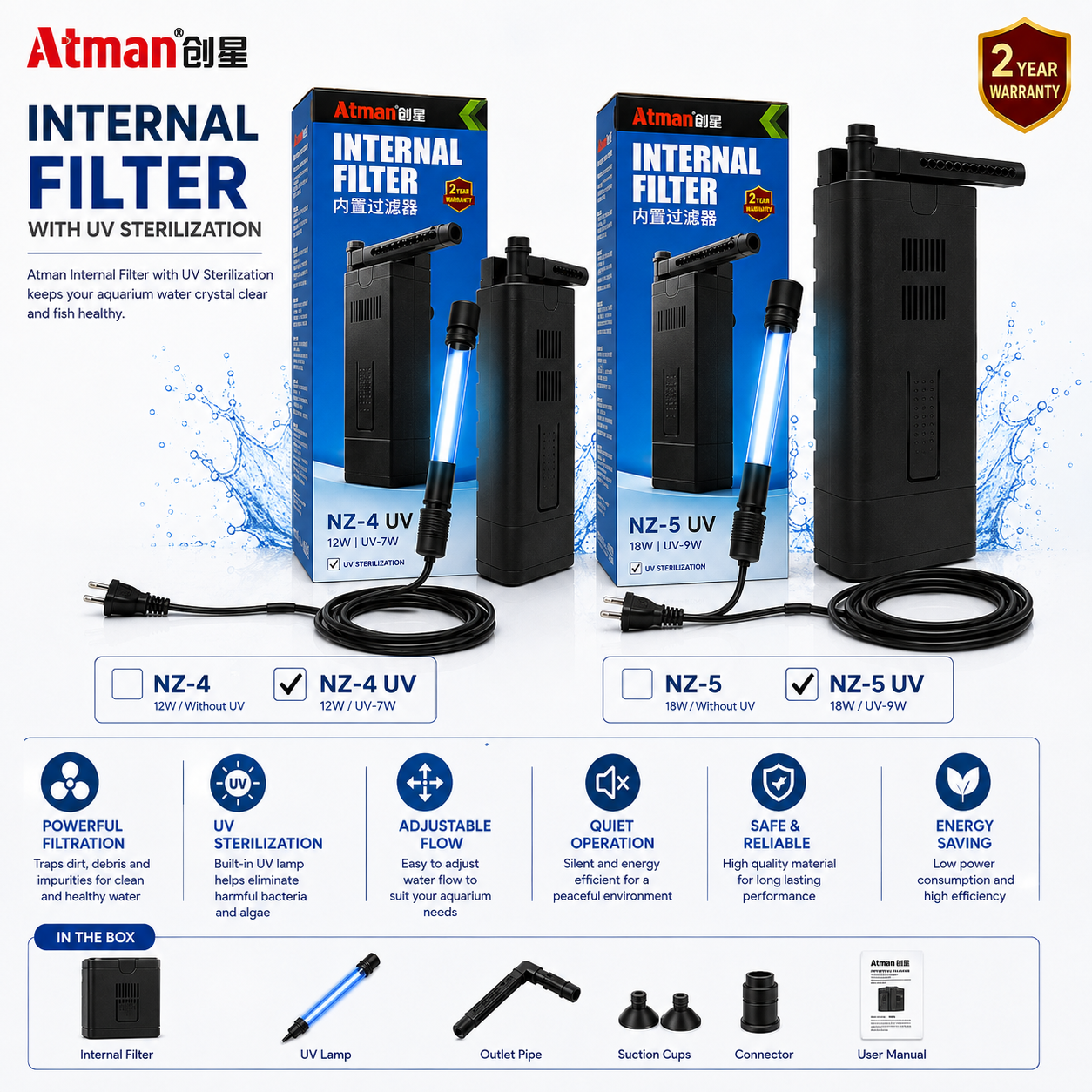 Atman NZ‑4 UV and NZ‑5 UV internal aquarium filters with UV sterilization lamps