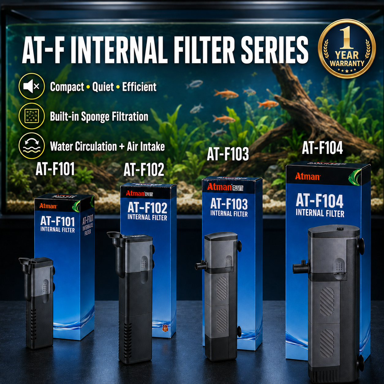 Atman AT-F Series internal aquarium filter range with model comparison