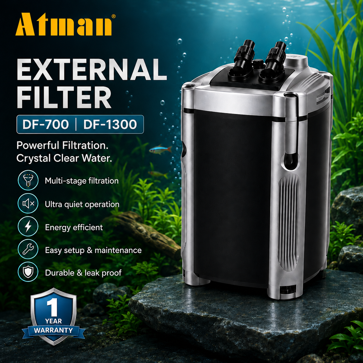 Atman DF-700 and DF-1300 external canister filter with 1-year warranty