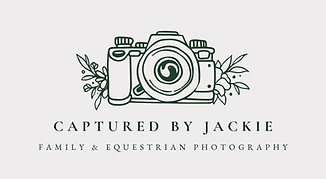 A green outline of a camera is surrounded by flowers and greenery, along with the accompanying text 'Captured by Jackie'